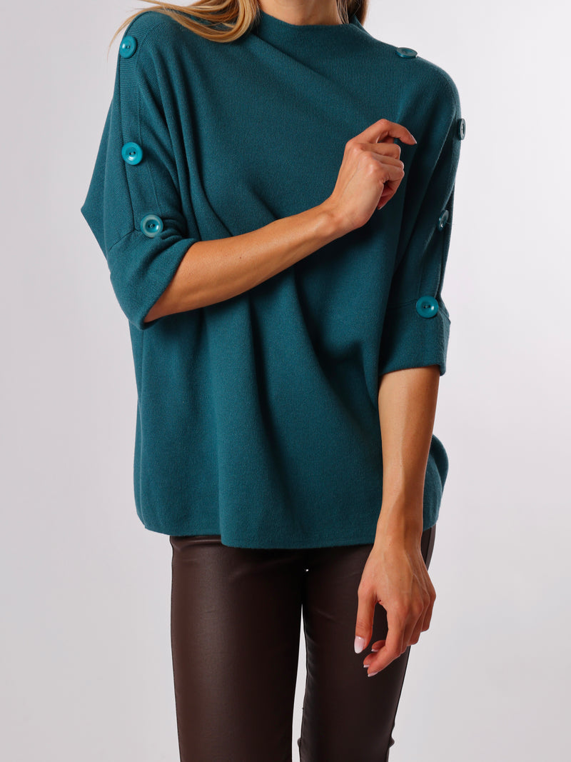 NEW - Chandail bleu sarcelle col montant avec boutons sur les côtés