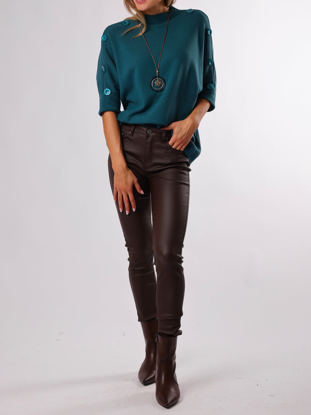 NEW - Chandail bleu sarcelle col montant avec boutons sur les côtés