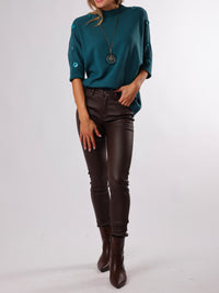 NEW - Chandail bleu sarcelle col montant avec boutons sur les côtés