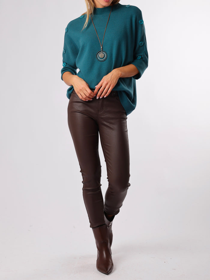 NEW - Chandail bleu sarcelle col montant avec boutons sur les côtés