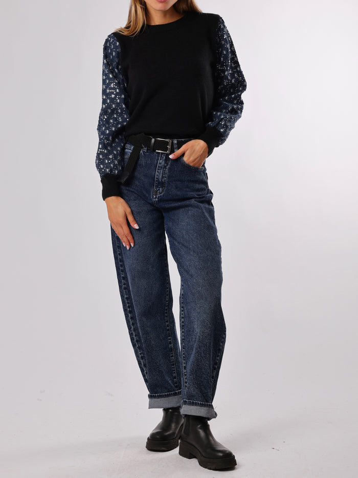 NEW - Chandail noir uni à manche en jeans