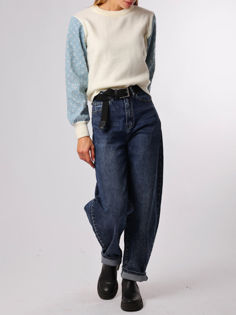 NEW - Chandail blanc crème à manche en jeans