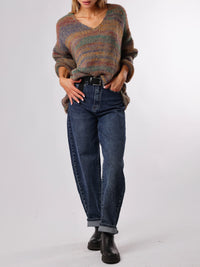 NEW - Chandail gris en tricot rayé multicolore
