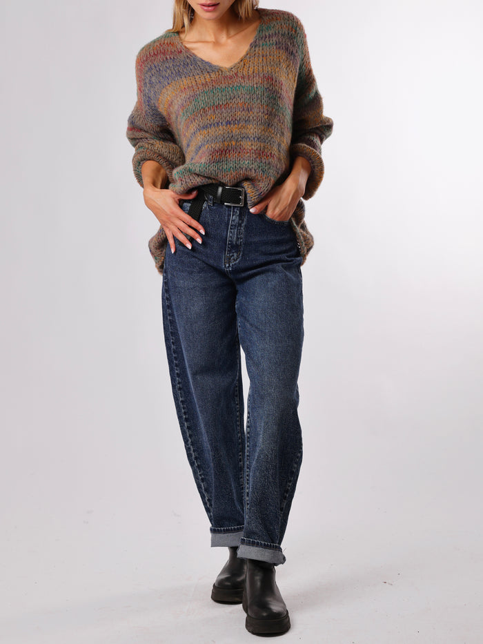 NEW - Chandail gris en tricot rayé multicolore