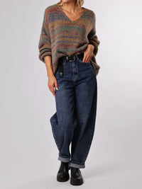NEW - Chandail gris en tricot rayé multicolore