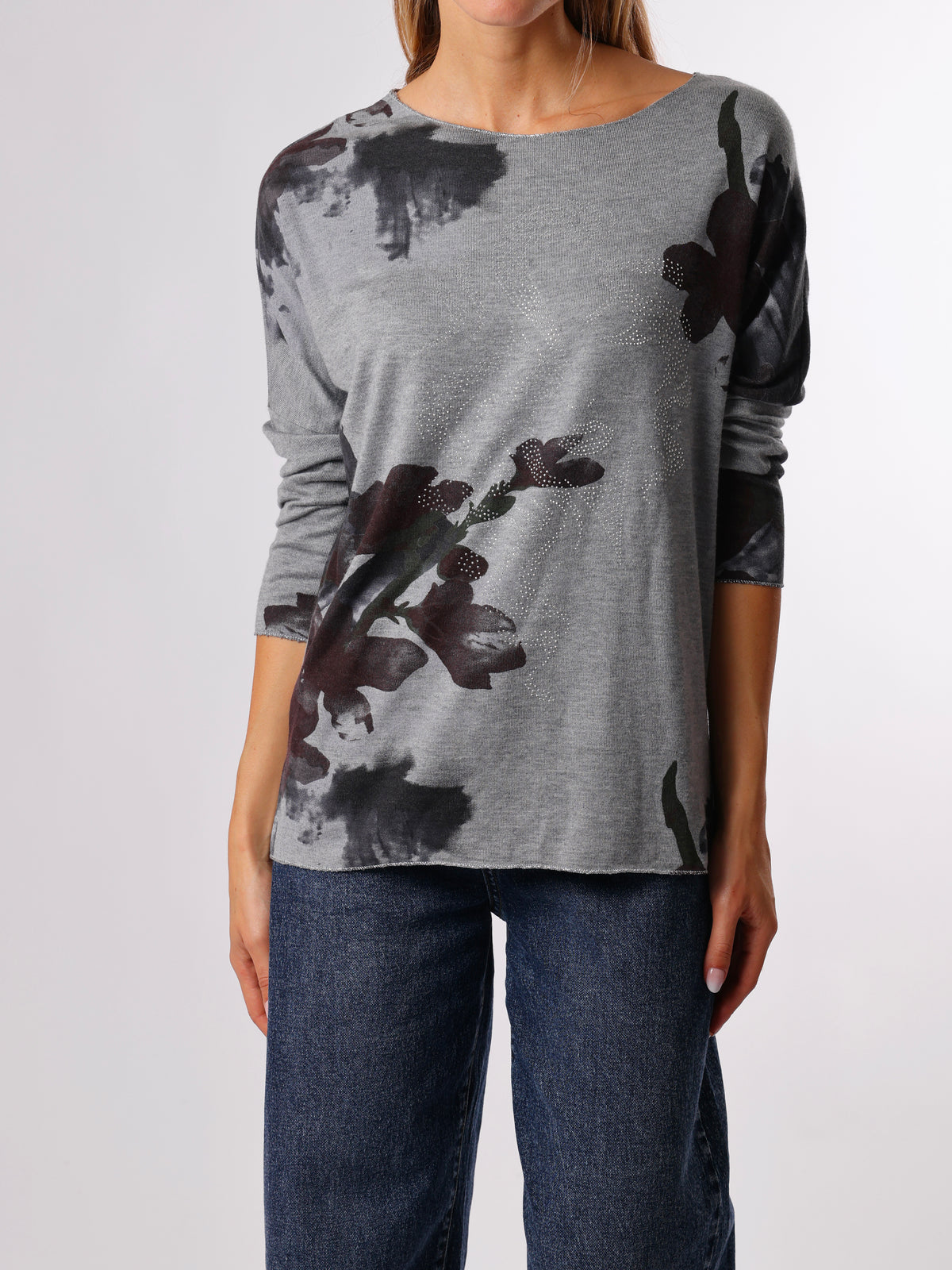 NEW - Chandail gris avec imprimé floral prune