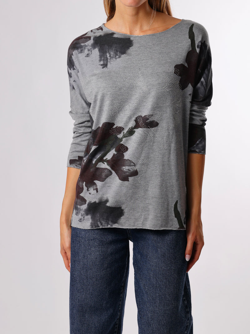 NEW - Chandail gris avec imprimé floral prune