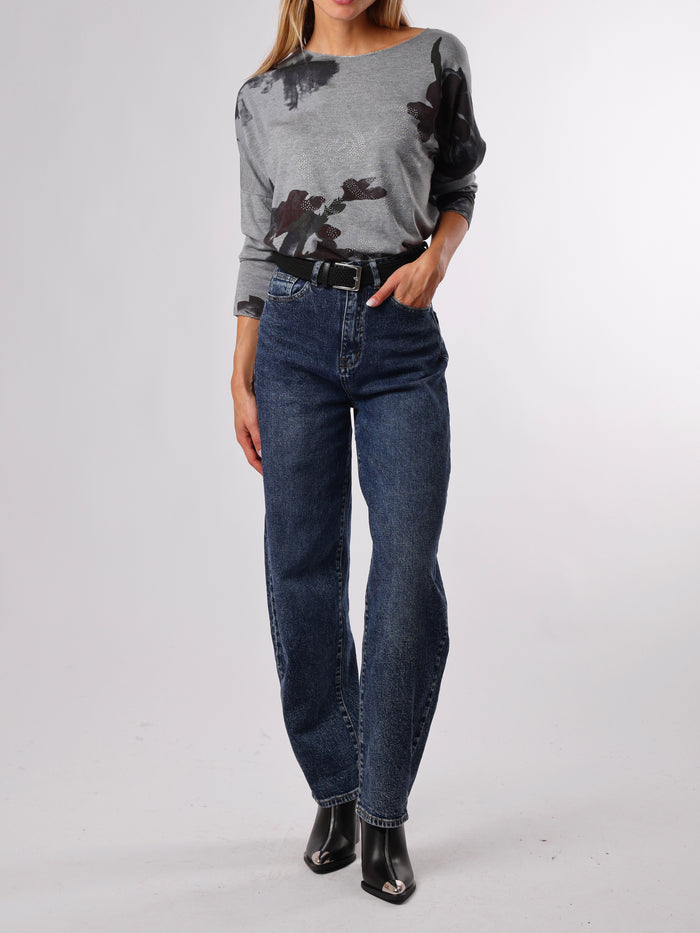 NEW - Chandail gris avec imprimé floral prune
