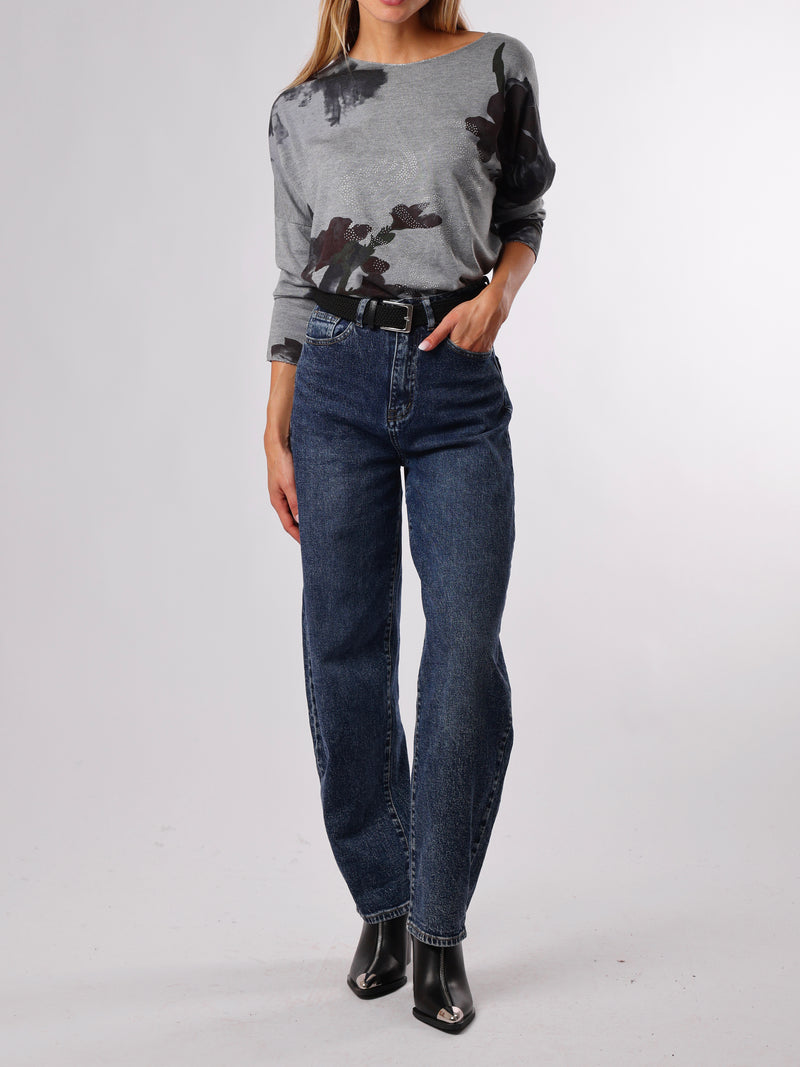 NEW - Chandail gris avec imprimé floral prune