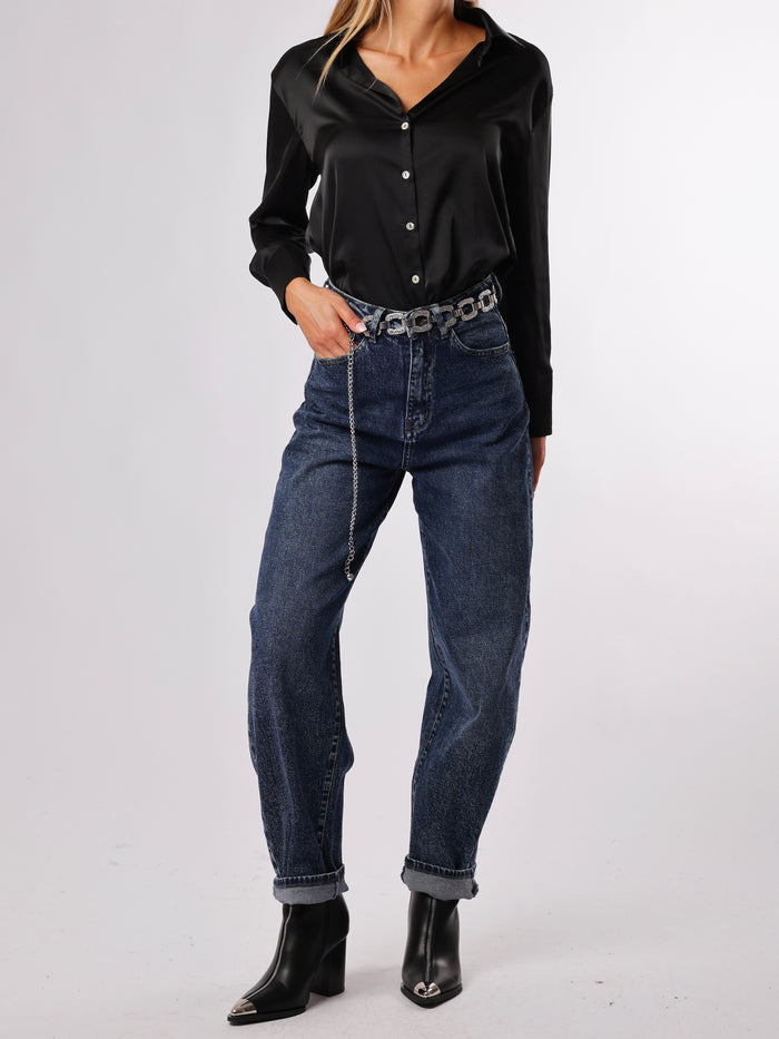 NEW - Chemise satinée noire à manche longue