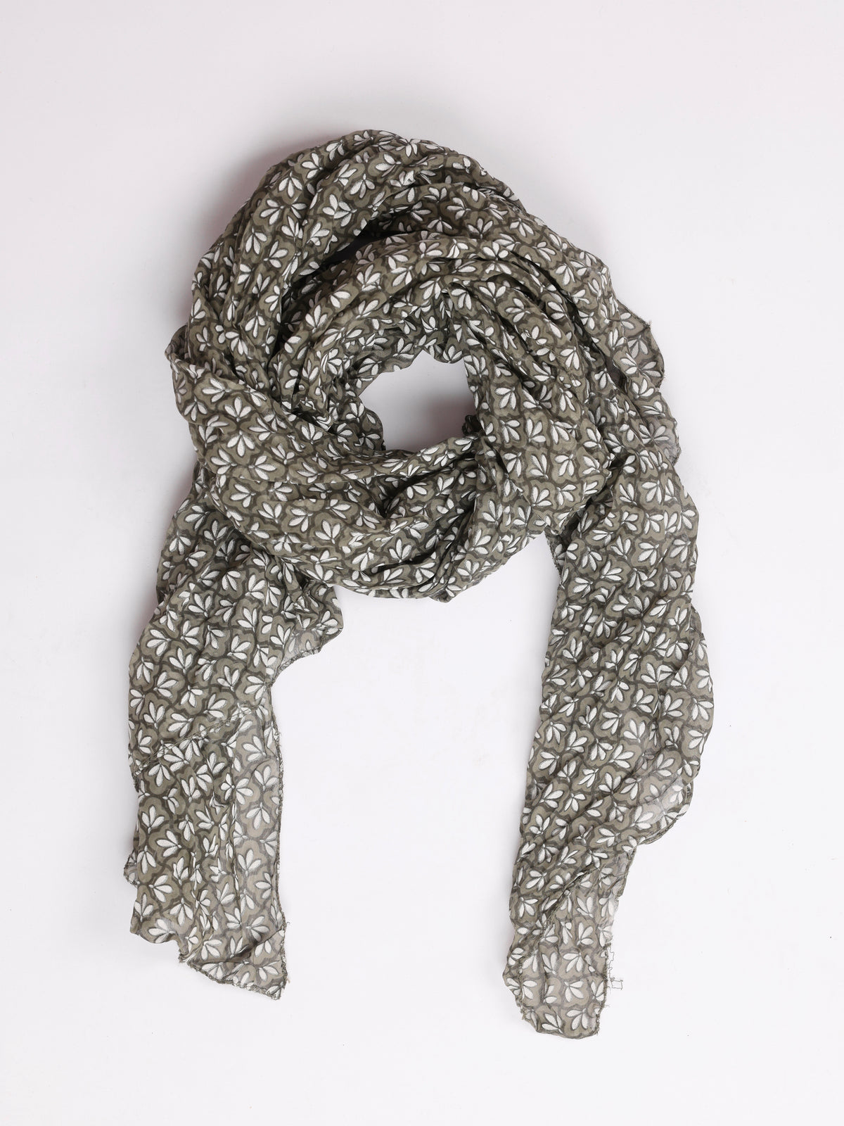 NEW - Foulard kaki à motifs floraux blancs