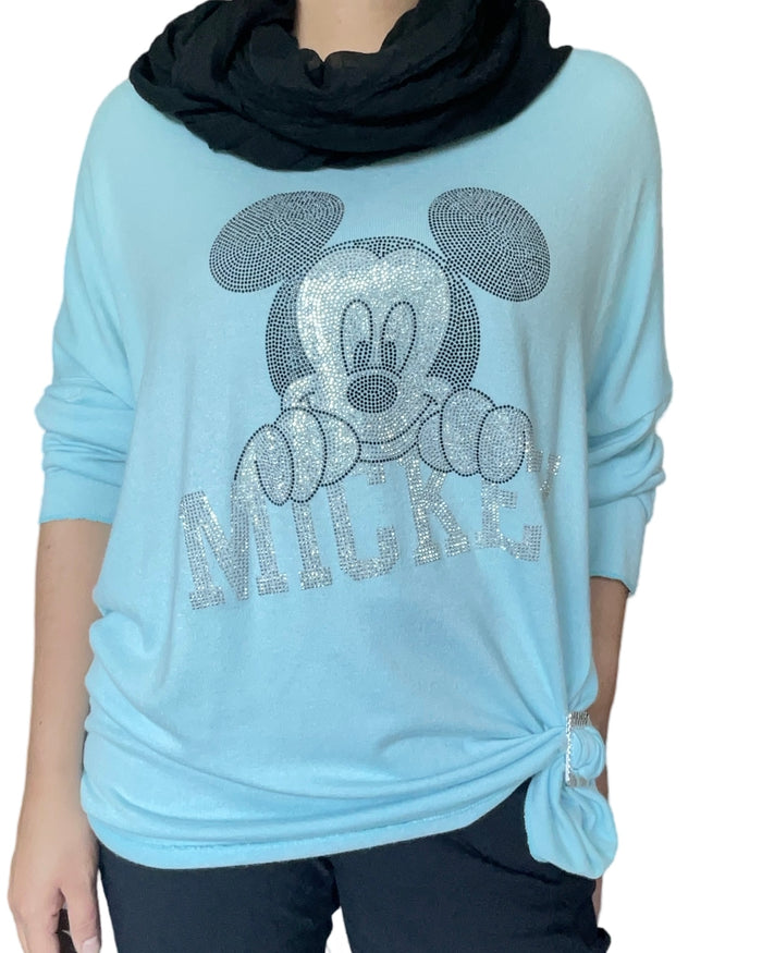 Chandail turquoise pour femme avec imprimé de Mickey avec foulard.