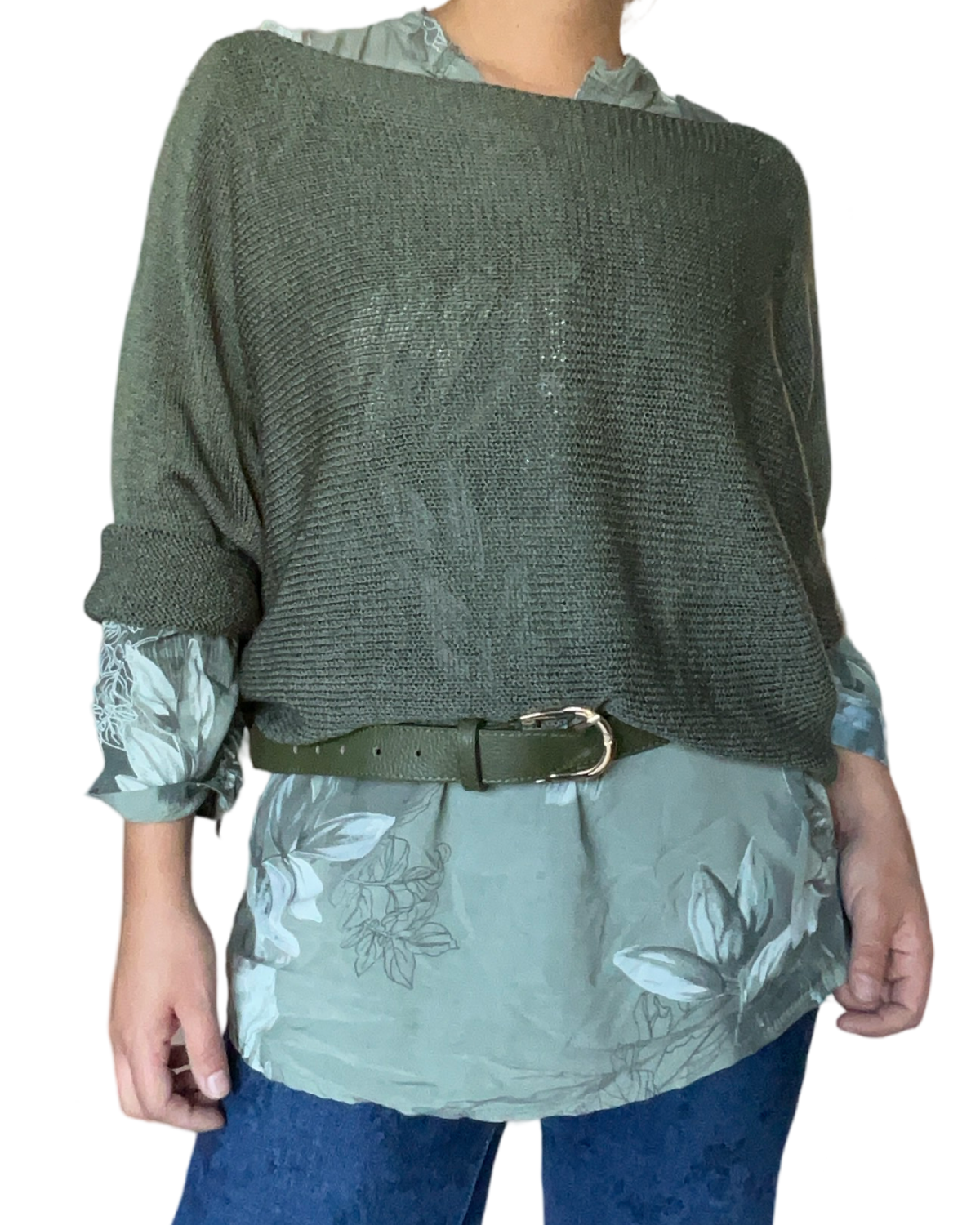 Blouse verte avec imprimé de fleurs pour femme avec chandail en mailles.