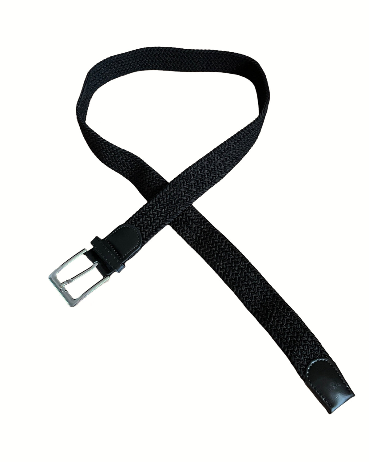 Ceinture noire élastique femme avec boucle argentée étroite.