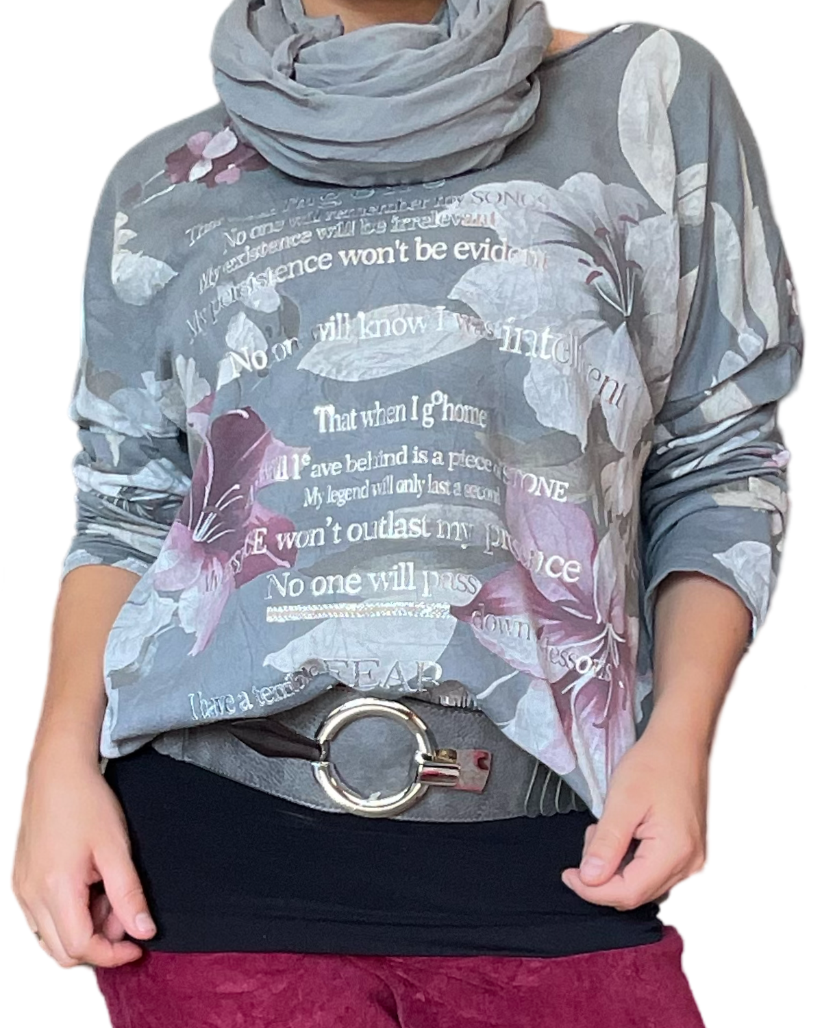 Chandail gris pour femme avec imprimé de fleurs avec foulard et camisole gainante à l'intérieur. 