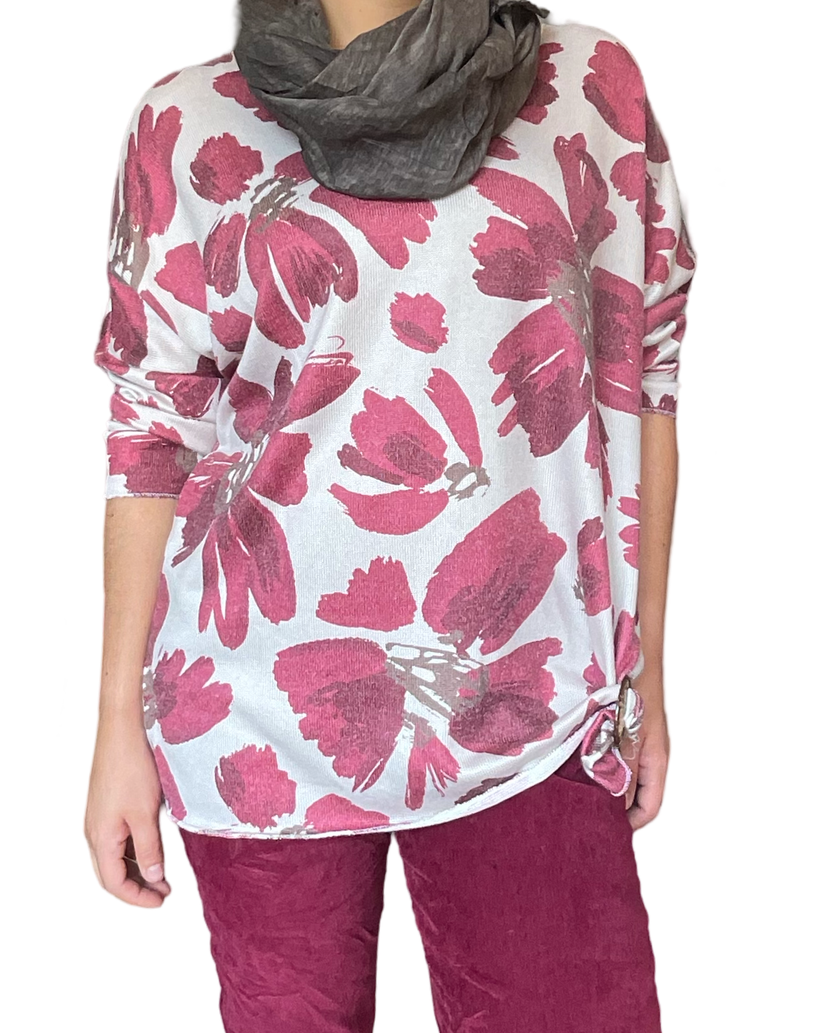 Chandail beige avec imprimé floral bourgogne pour femme avec foulard moka et boucle d'ajustement.