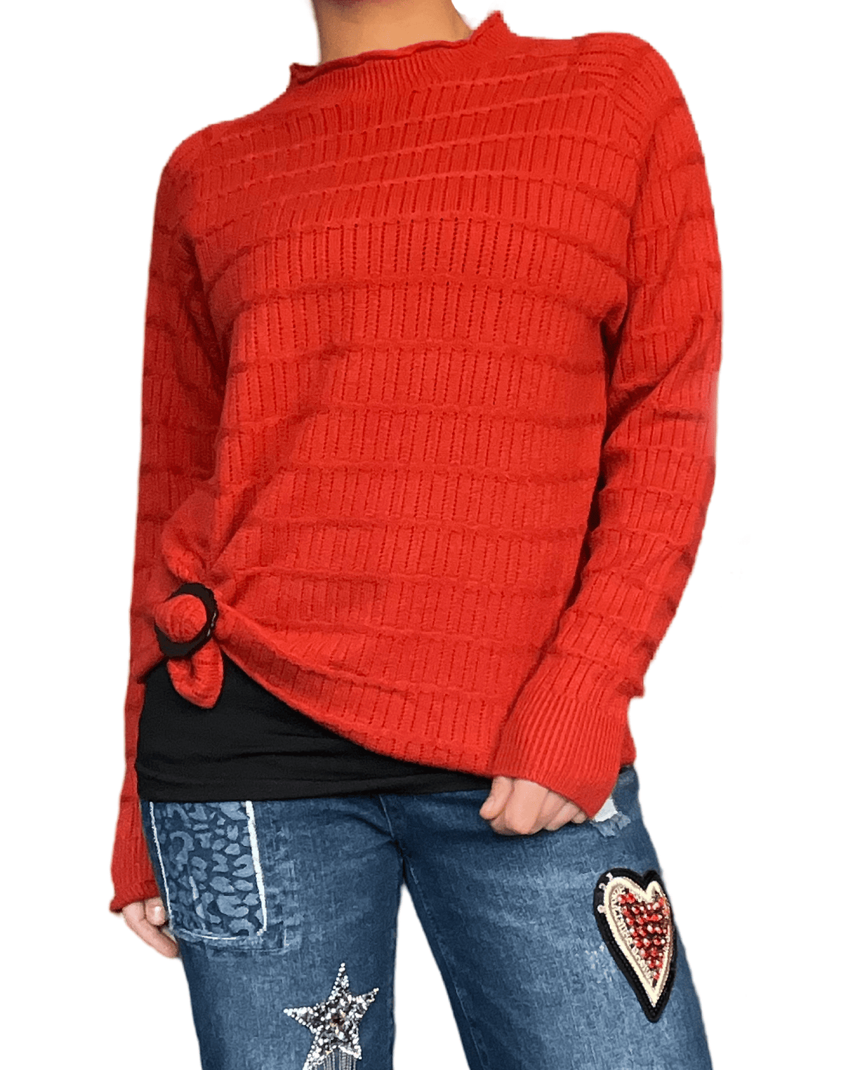 Chandail rouge orangé à manche longue pour femme avec boucle d'ajustement et camisole gainante à l'intérieur. 