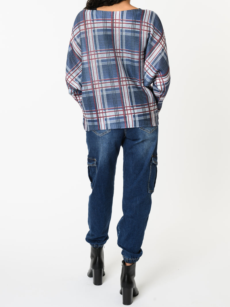 NEW - Chandail bleu avec imprimé de carreaux