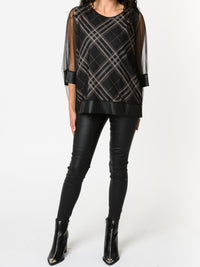 NEW - Blouse noire en tulle avec imprimé de carreaux