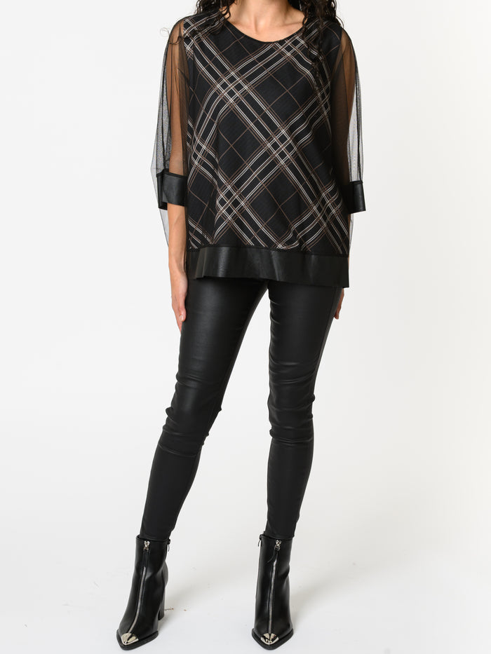 NEW - Blouse noire en tulle avec imprimé de carreaux