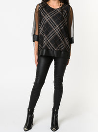 NEW - Blouse noire en tulle avec imprimé de carreaux