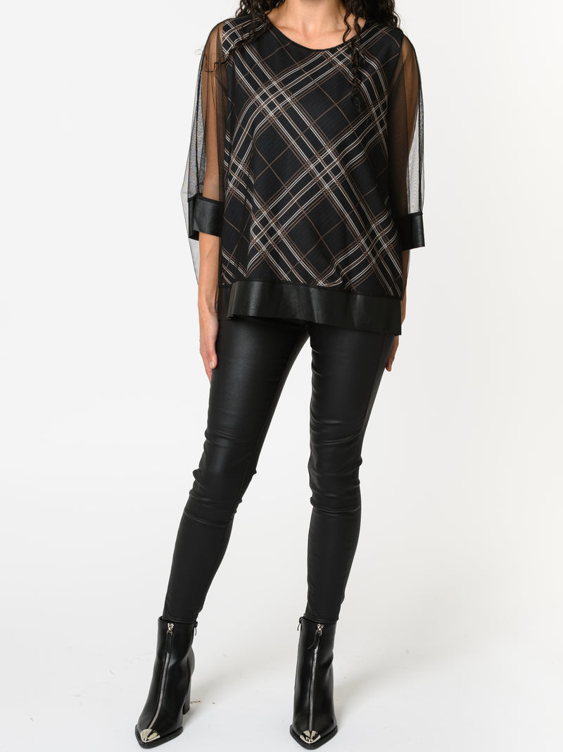 NEW - Blouse noire en tulle avec imprimé de carreaux