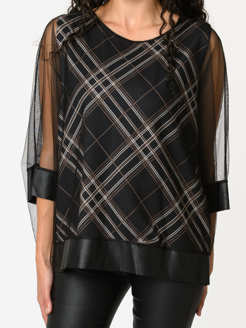 NEW - Blouse noire en tulle avec imprimé de carreaux