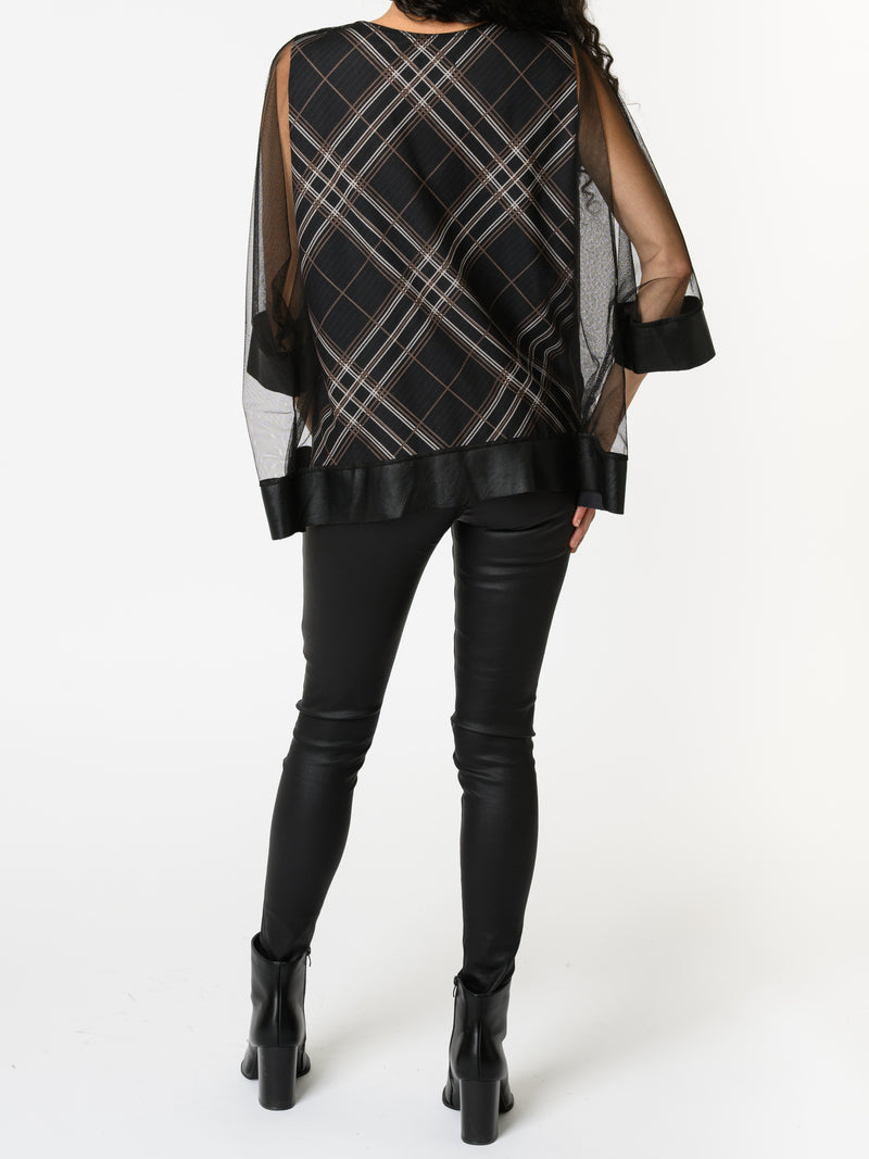 NEW - Blouse noire en tulle avec imprimé de carreaux