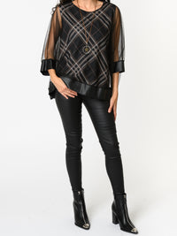 NEW - Blouse noire en tulle avec imprimé de carreaux