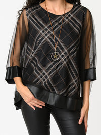 NEW - Blouse noire en tulle avec imprimé de carreaux