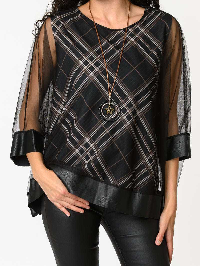 NEW - Blouse noire en tulle avec imprimé de carreaux