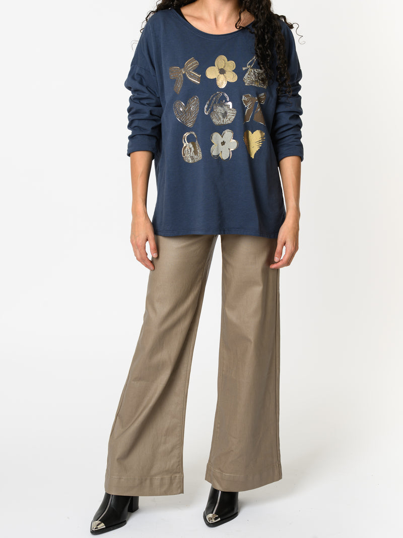 NEW - Chandail bleu jean avec imprimé doré et argenté