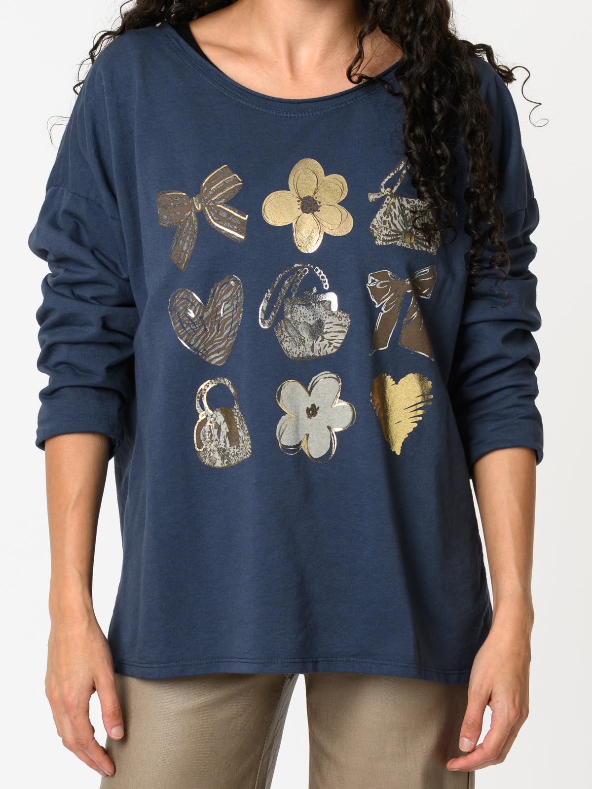 NEW - Chandail bleu jean avec imprimé doré et argenté