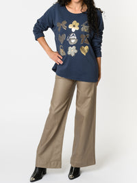 NEW - Chandail bleu jean avec imprimé doré et argenté