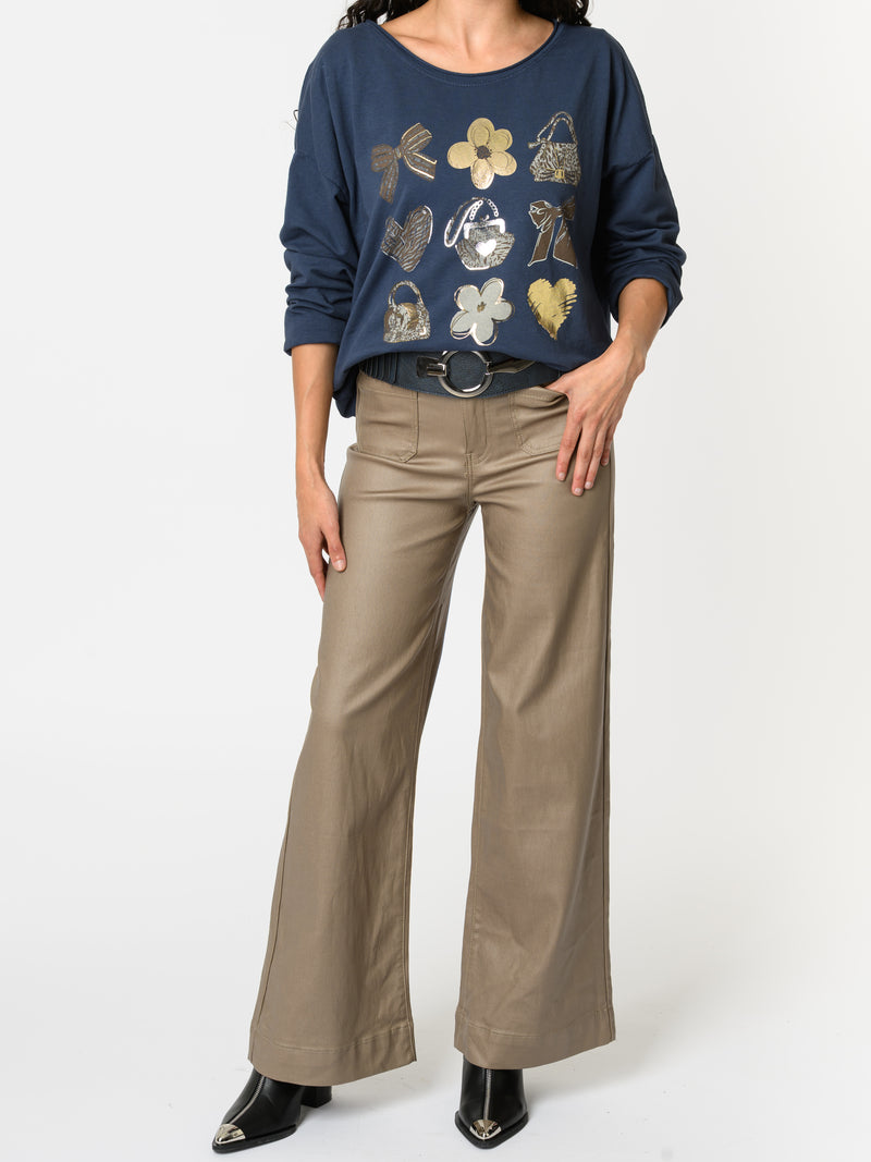 NEW - Chandail bleu jean avec imprimé doré et argenté