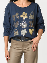 NEW - Chandail bleu jean avec imprimé doré et argenté