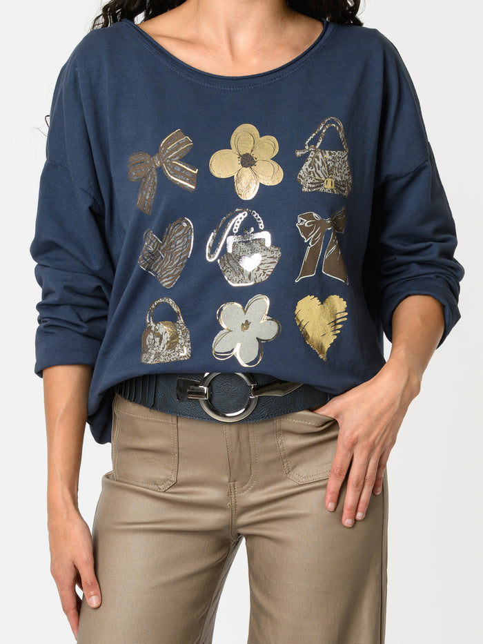 NEW - Chandail bleu jean avec imprimé doré et argenté