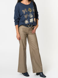 NEW - Chandail bleu jean avec imprimé doré et argenté