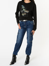 NEW - Chandail noir à manche longue avec imprimé floral