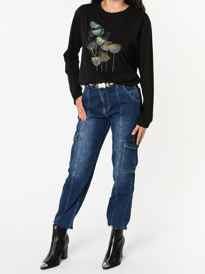 NEW - Chandail noir à manche longue avec imprimé floral