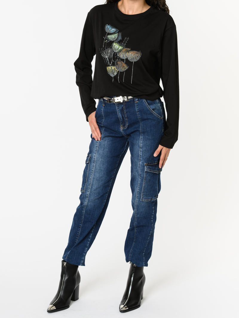 NEW - Chandail noir à manche longue avec imprimé floral