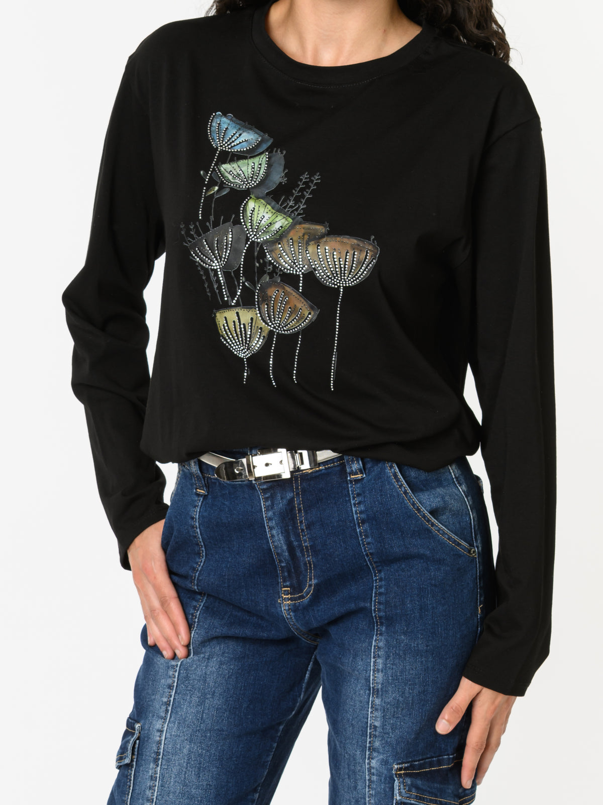 NEW - Chandail noir à manche longue avec imprimé floral