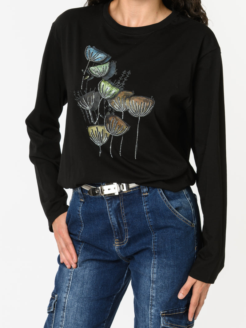 NEW - Chandail noir à manche longue avec imprimé floral