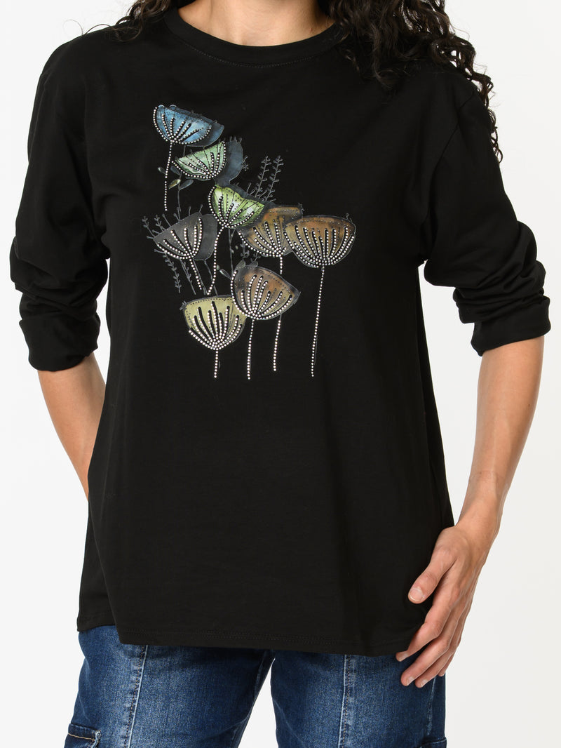 NEW - Chandail noir à manche longue avec imprimé floral