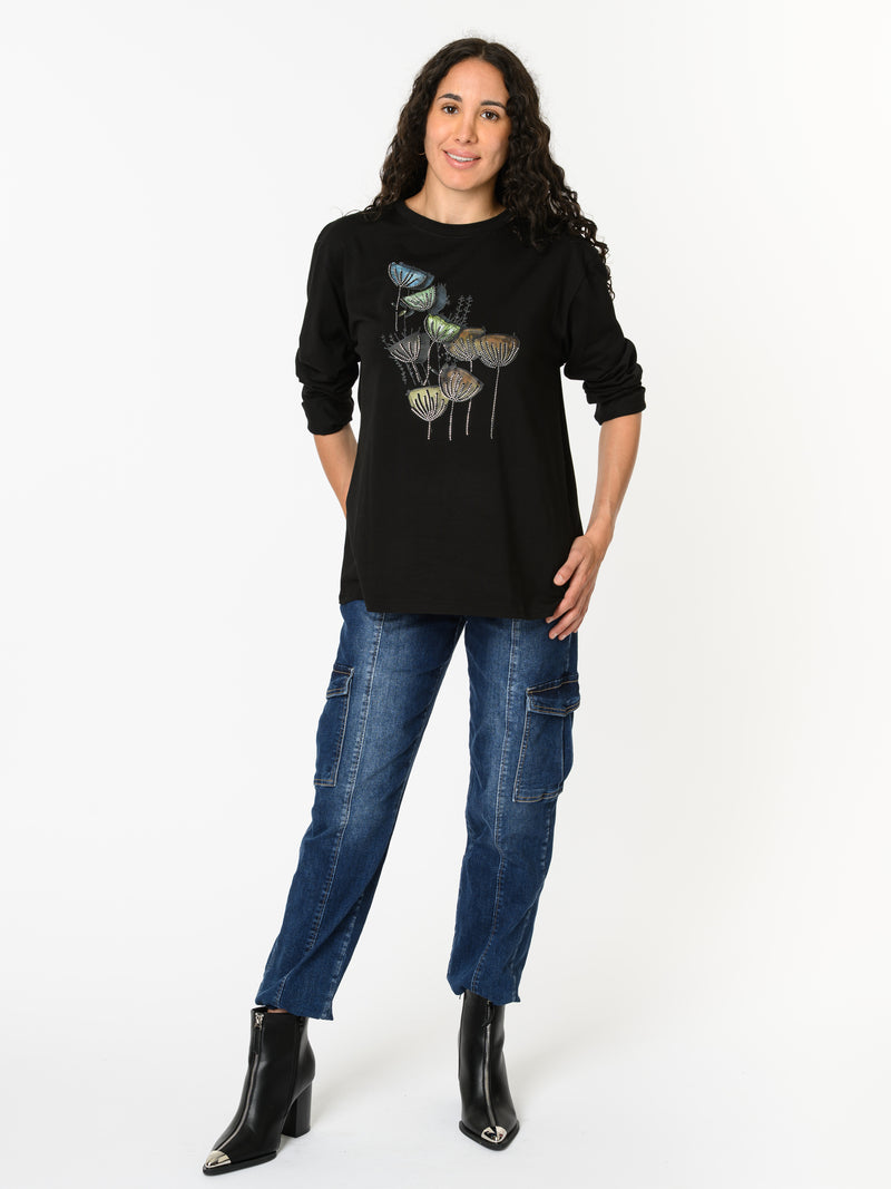 NEW - Chandail noir à manche longue avec imprimé floral