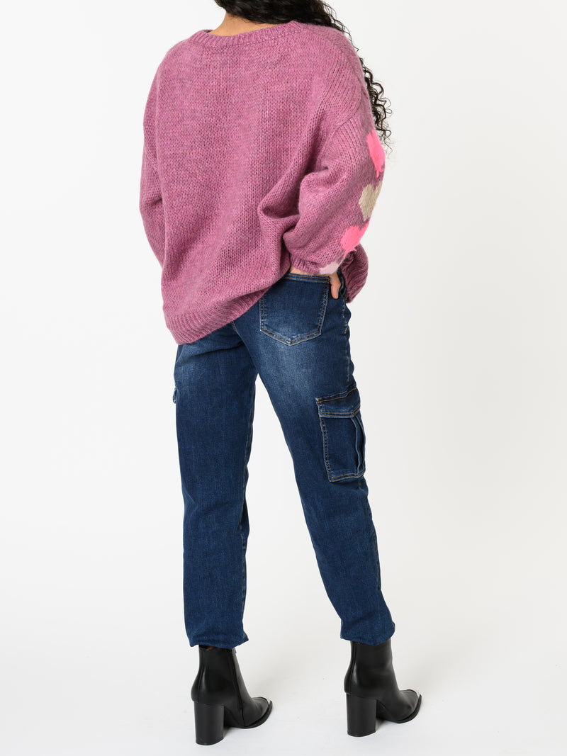 NEW - Chandail magenta en tricot avec motifs de cœurs