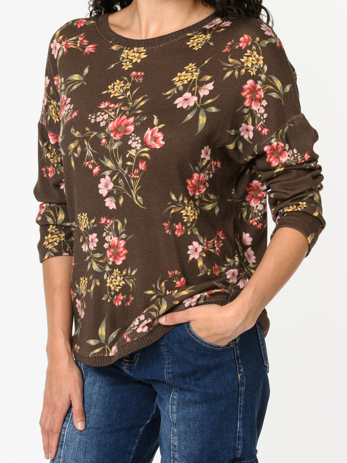 NEW - Chandail brun à manche longue avec imprimé floral