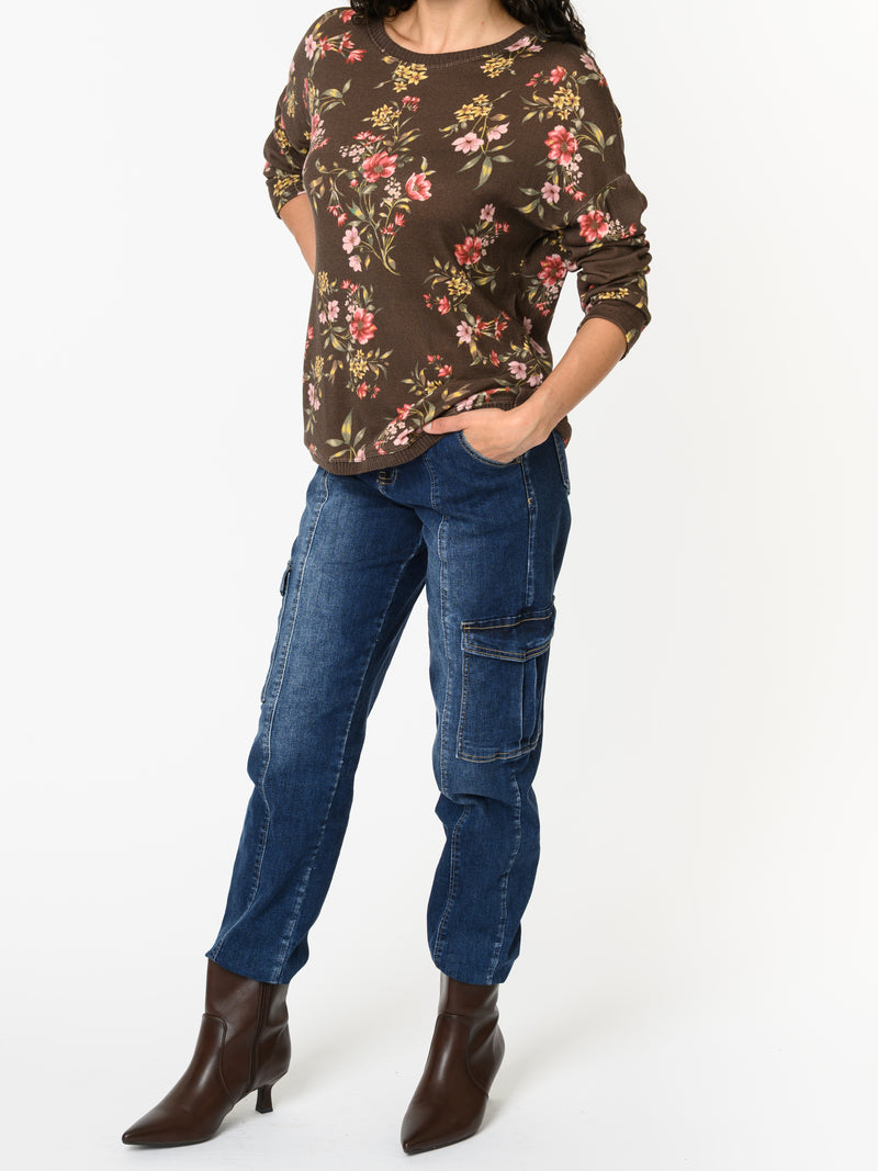 NEW - Chandail brun à manche longue avec imprimé floral