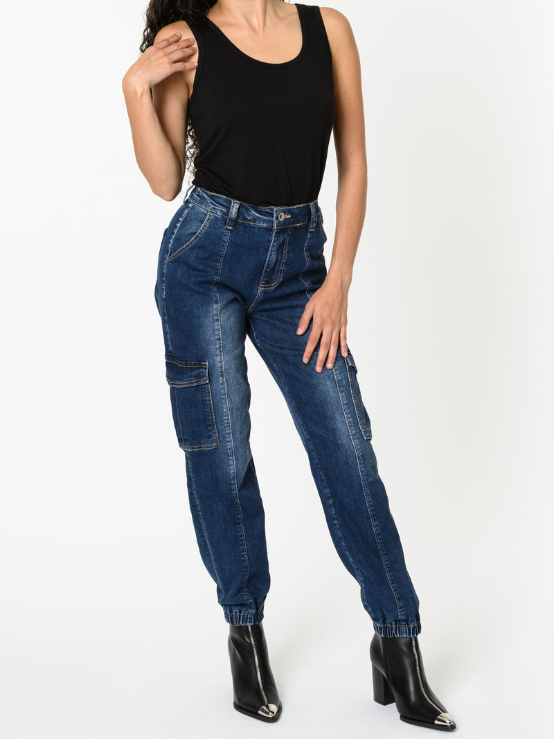 NEW - Jeans cargo bleu délavé