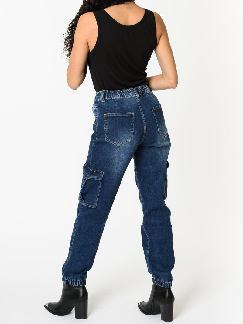 NEW - Jeans cargo bleu délavé